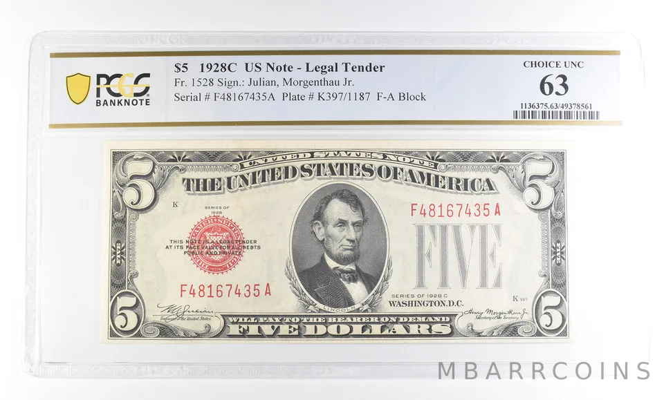1928 C $5 US Legal Tender Fr#1528 Choice Unc 63 PCGS a2379