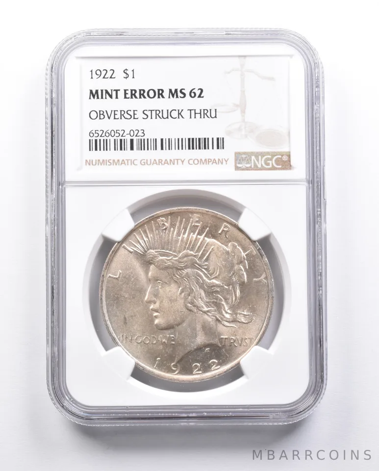 MS62 1922 Peace Silver Dollar Error OBV Struck Thru NGC *6638