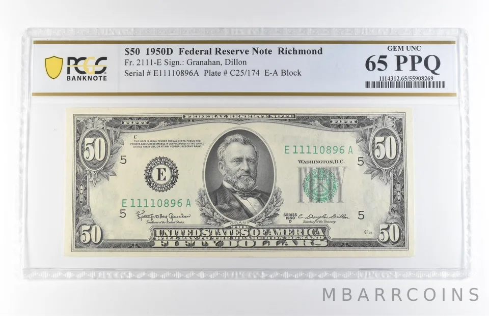 1950 D $50 Richmond VA FRN Fr#2111-E Gem Unc 65 PPQ PCGS *7882