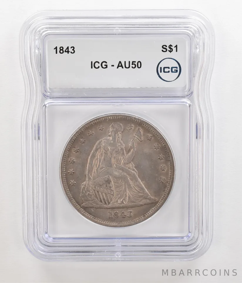 1843 Seated Liberty Silver Dollar AU50 ICG Nice Tone PQ *5500