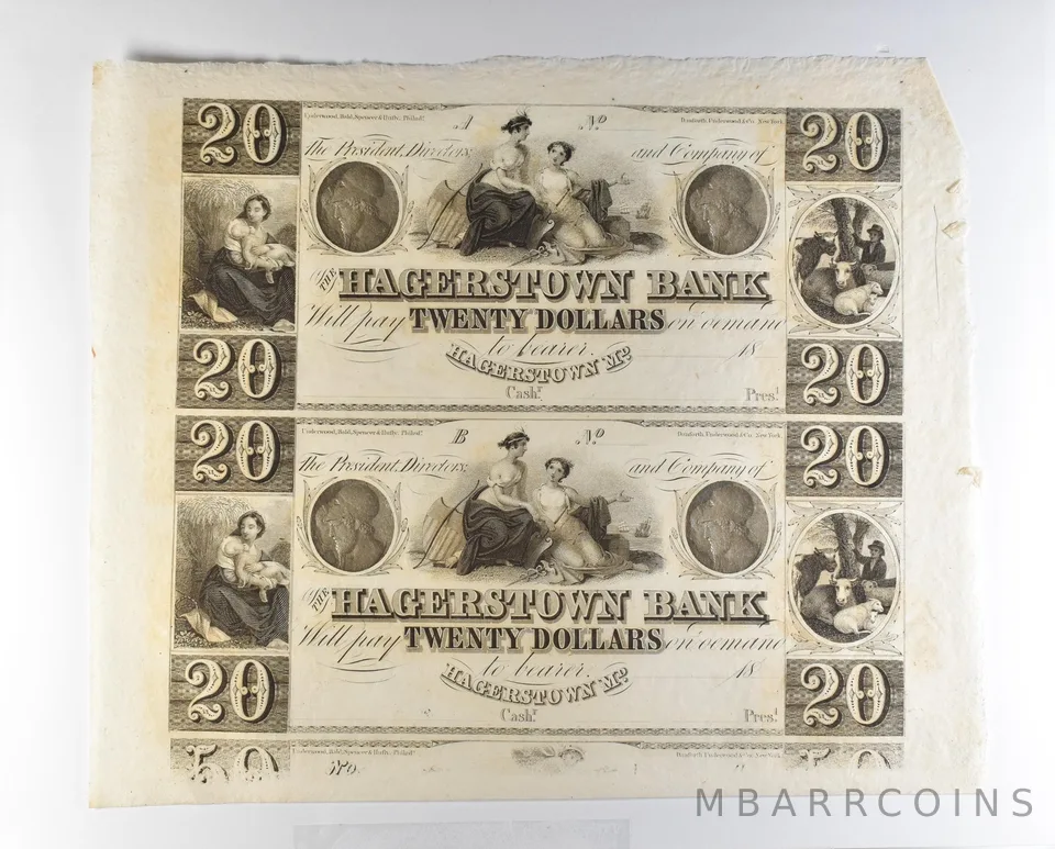Lot (2) 1800s $20 Hagerstown MD Bank Obsolete Note Uncut *8691
