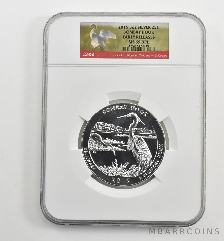 2015 5 Oz Silver Quarter America The Beautiful Bombay Hook ER MS69 DPL NGC *1630