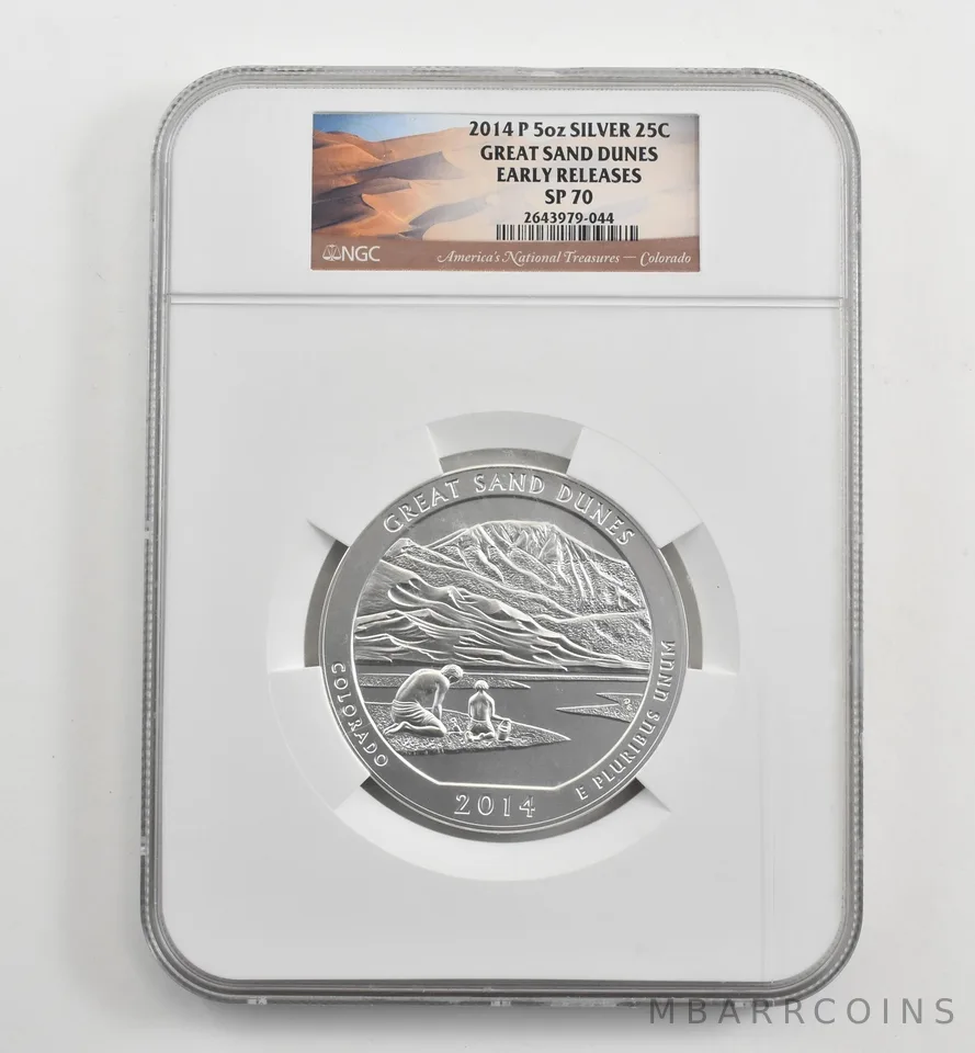 2014-P 5 Oz Silver Quarter ATB Great Sand Dunes ER SP70 NGC *1696
