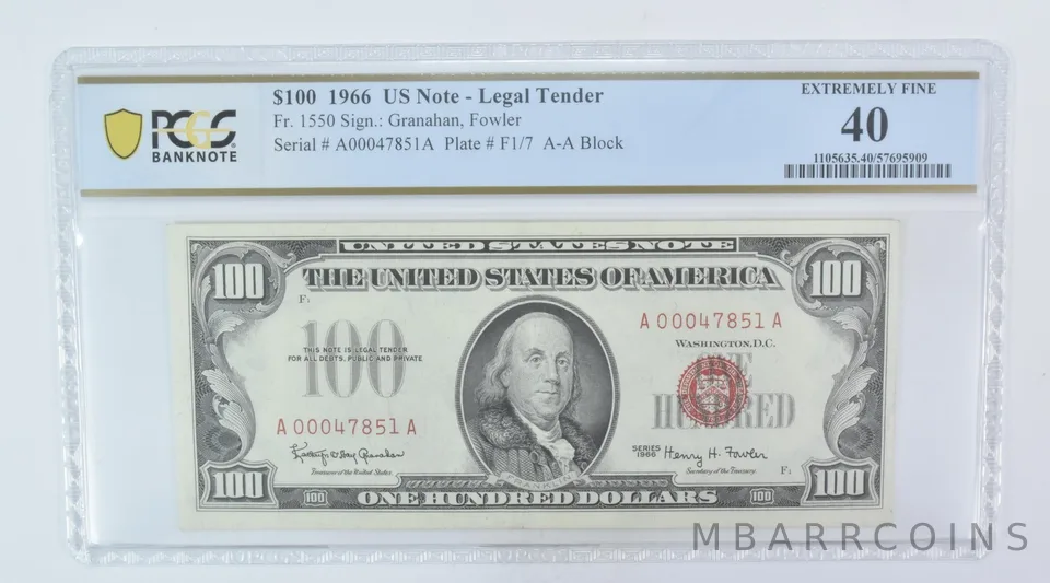 1966 $100 Legal Tender Fr#1550 Extremely Fine 40 PCGS *5968