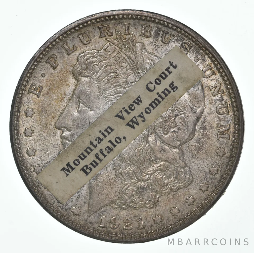 1921-D Morgan Silver Dollar Mountain View Court Buffalo WY Vintage Sticker *9233
