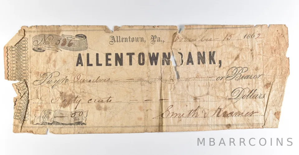 1862 Allentown Bank PA Check 50 Cents Obsolete Note *8402