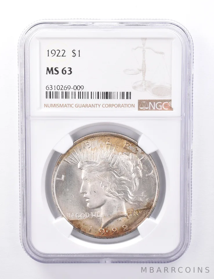 MS63 1922 Peace Silver Dollar - Graded NGC - Beautiful Tone a7194