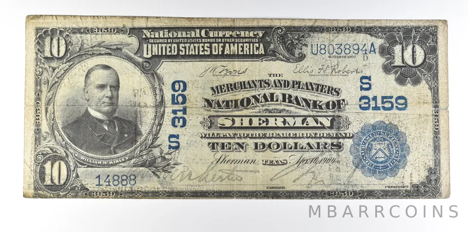 1902 $10 National Currency Sherman TX Ch#3159 Large Note Blue Seal *8081
