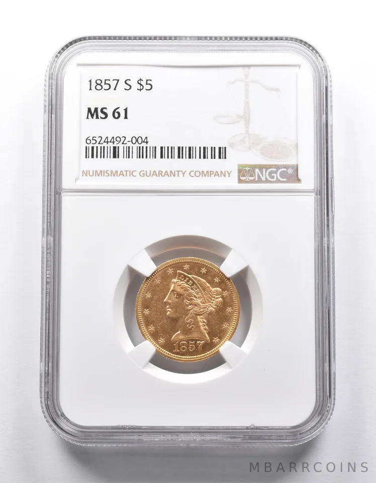 MS61 1857-S $5 Liberty Head Gold Half Eagle NGC a2541