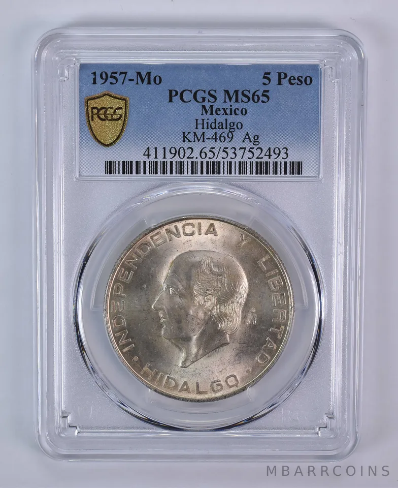 1957 Mo Mexico 5 Pesos Silver Hidalgo KM-469 MS65 PCGS Blue Label