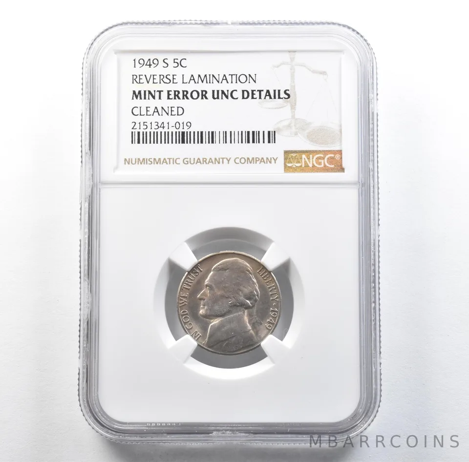 1949-S Jefferson Nickel Mint Error Reverse Lamination Unc Details NGC *3109