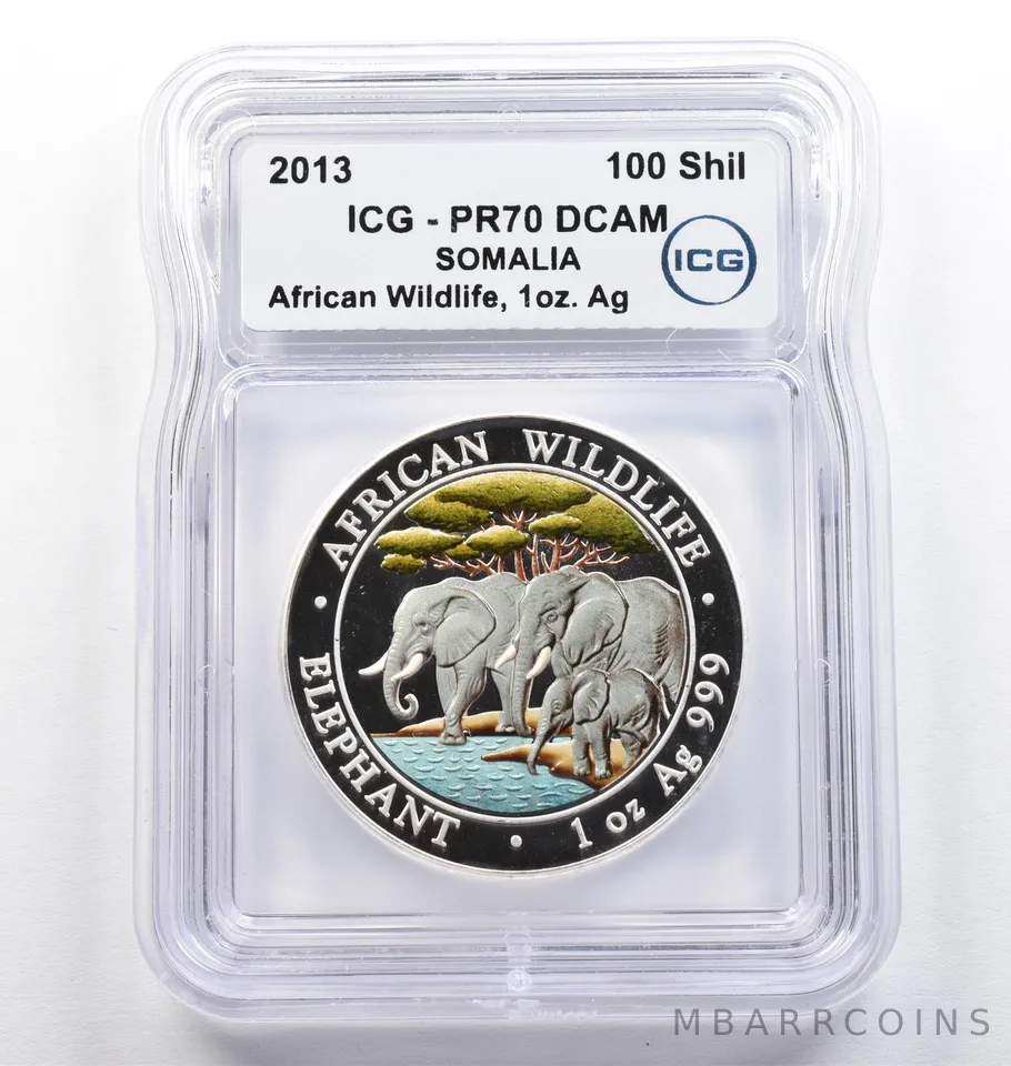2013 Somalia 100 Shillings African Wildlife Elephant 1 Oz Silver PR70 ICG *9404