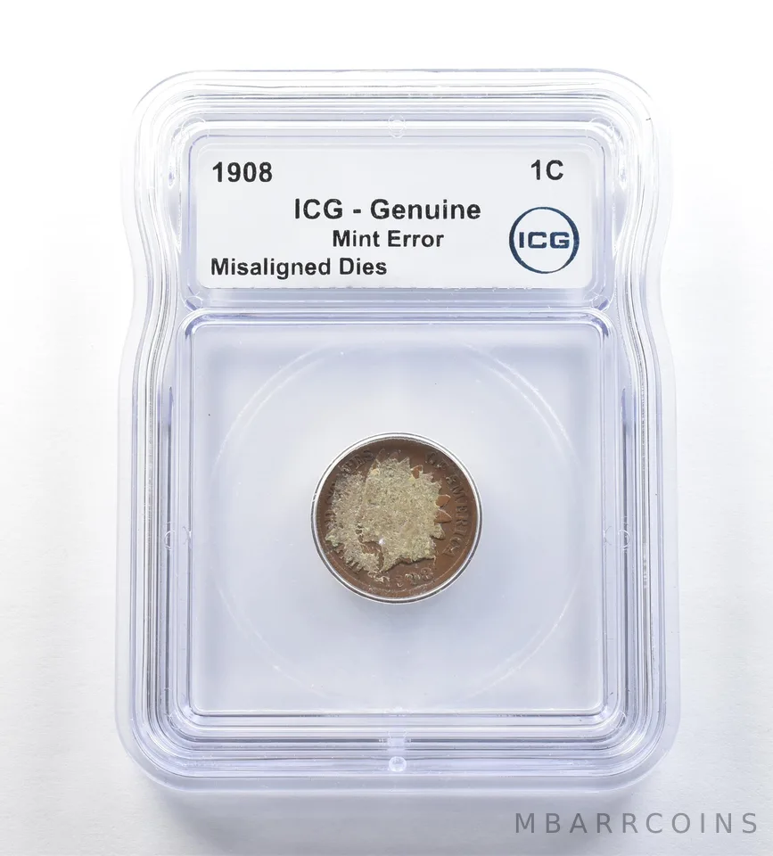 1908 Indian Head Cent Mint Error Misaligned Dies Genuine ICG *0660