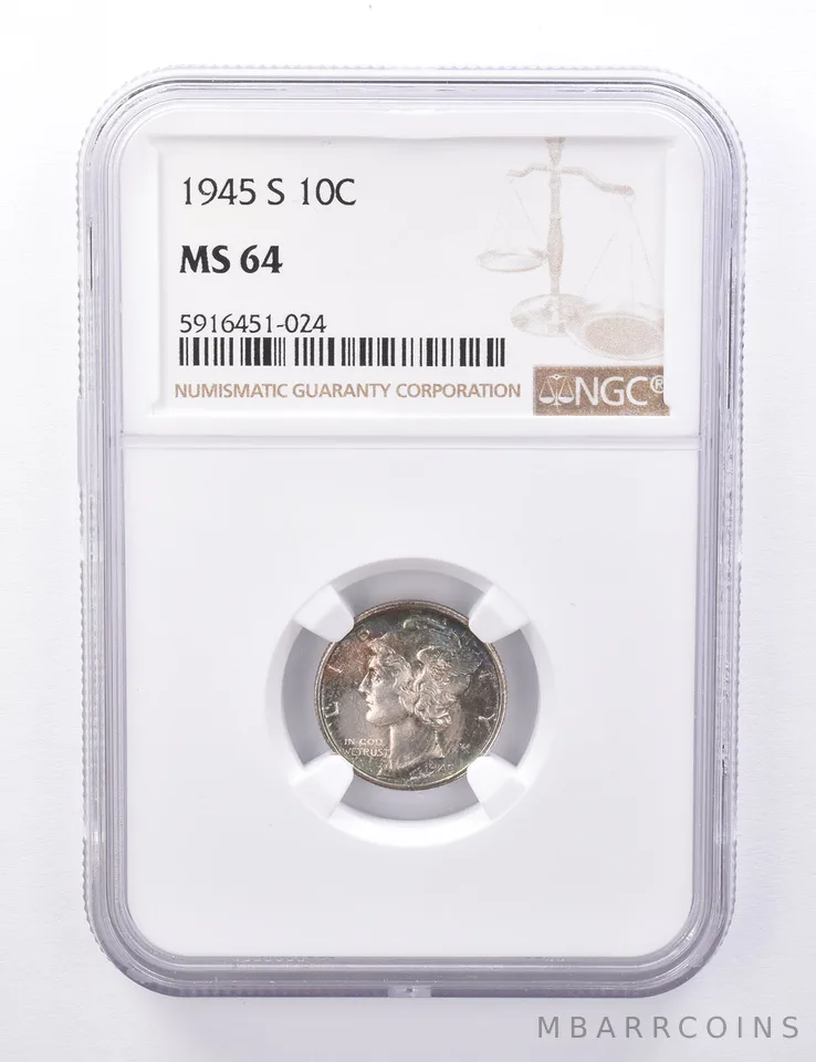MS64 1945-S Mercury Silver Dime - Graded NGC Blue Toned *4400