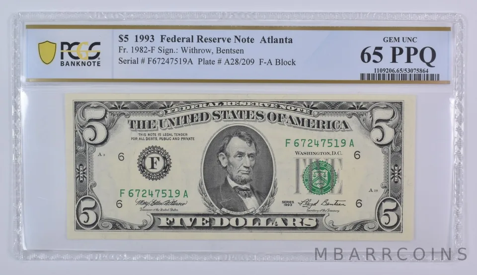 1993 $5 Atlanta GA FRN Fr#1982-F Gem Unc 65 PPQ PCGS