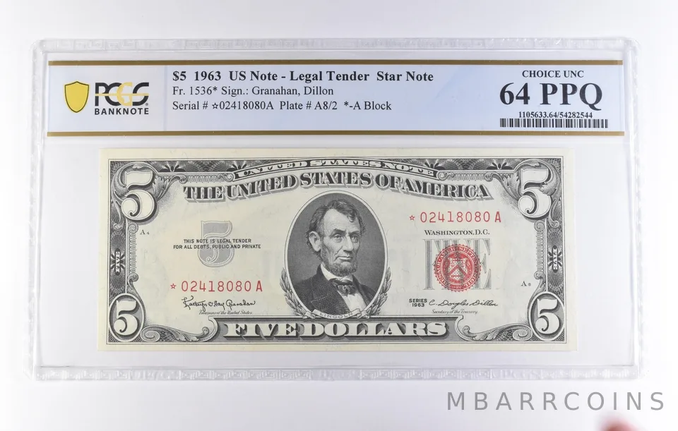 1963 $5 Legal Tender Star Note Fr#1536* Choice Unc 64 PPQ PCGS *8226
