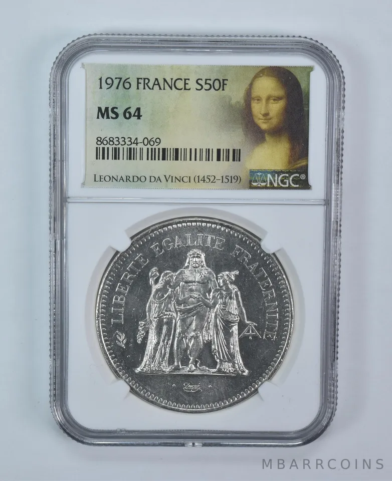 1976 France 50 Francs Silver MS64 NGC Mona Lisa Label