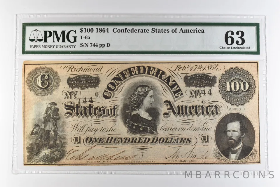 1864 $100 Confederate States of America T-65 Choice Uncirculated 63 PMG *0962