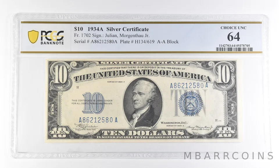 1934 A $10 Silver Certificate Fr#1702 Choice Unc 64 PCGS *2762
