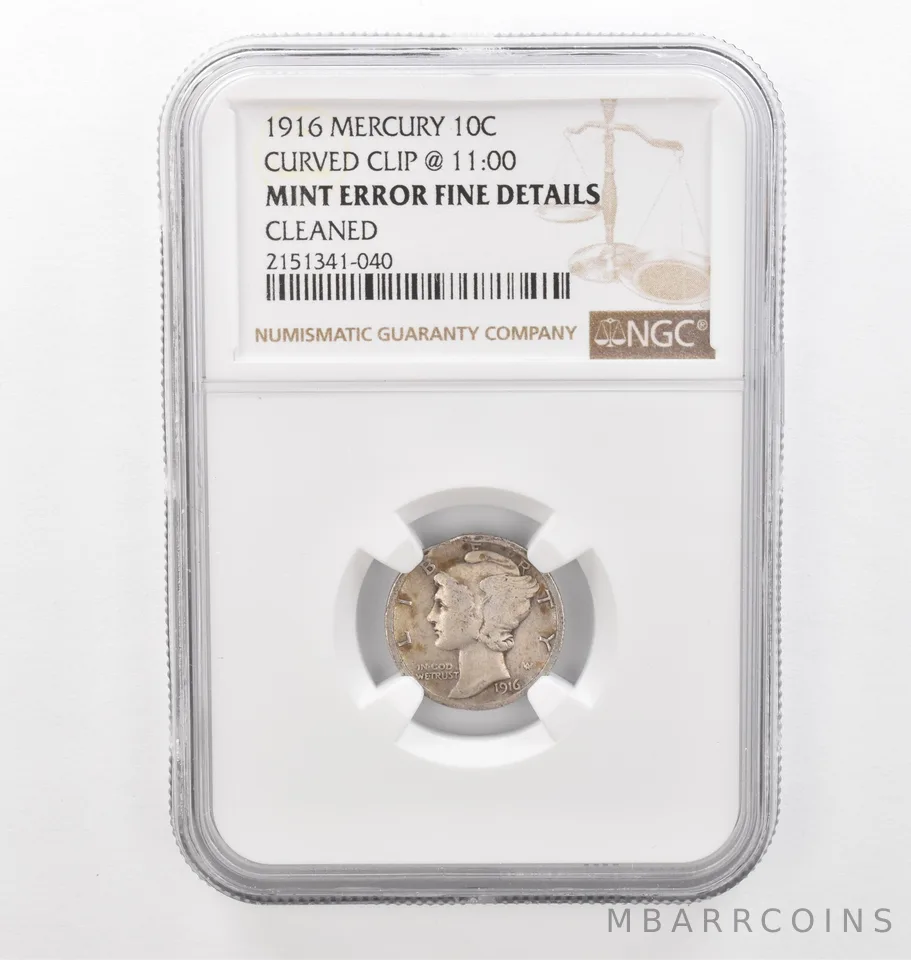 1916 Mercury Dime Curved Clip @ 11:00 Mint Error Fine Details NGC Tone *2201