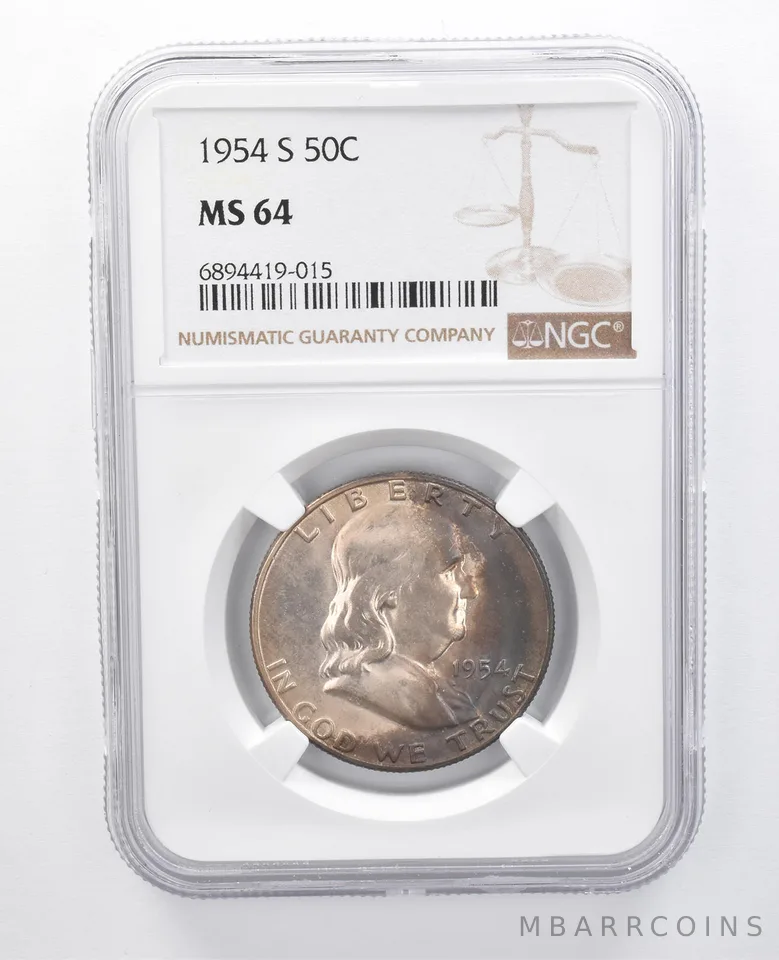 1954-S Franklin Half Dollar MS64 NGC Blue/Purple Tone *7918