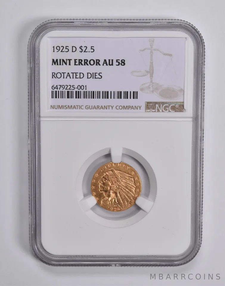 Mint Error AU58 1925-D $2.50 Indian Head Gold Quarter Eagle Rotate Die NGC *6545