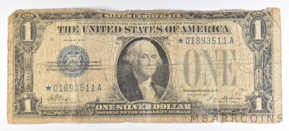 $1 1928 Silver Certificate Star Error Funny Back a3990