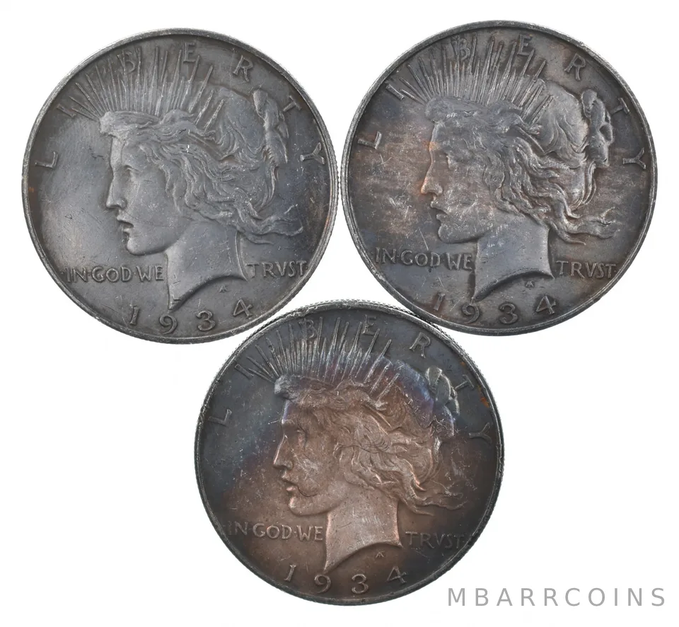 Lot (3) 1934-D Peace Silver Dollars - Beautiful Tone a0798