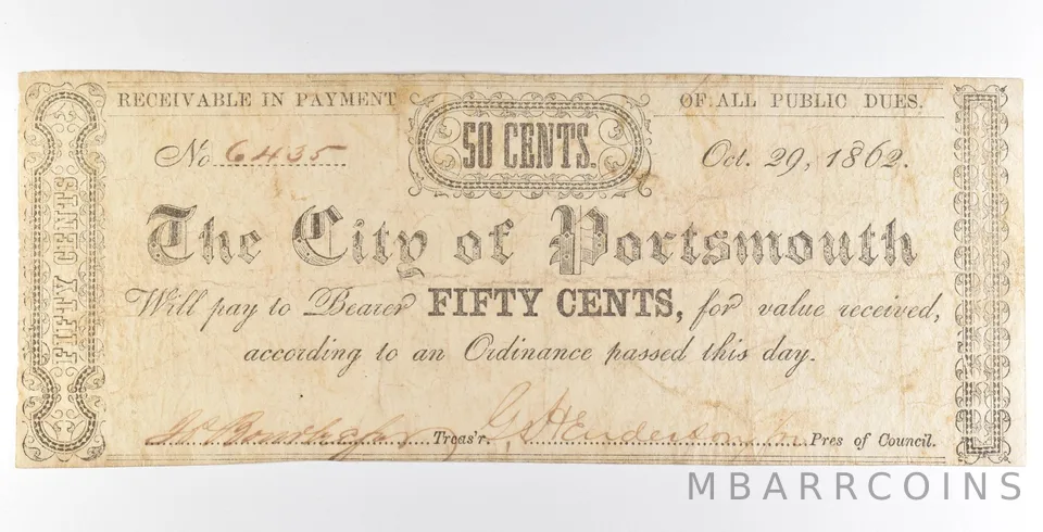 1862 50 Cents City Of Portsmouth Obsolete Note *8929