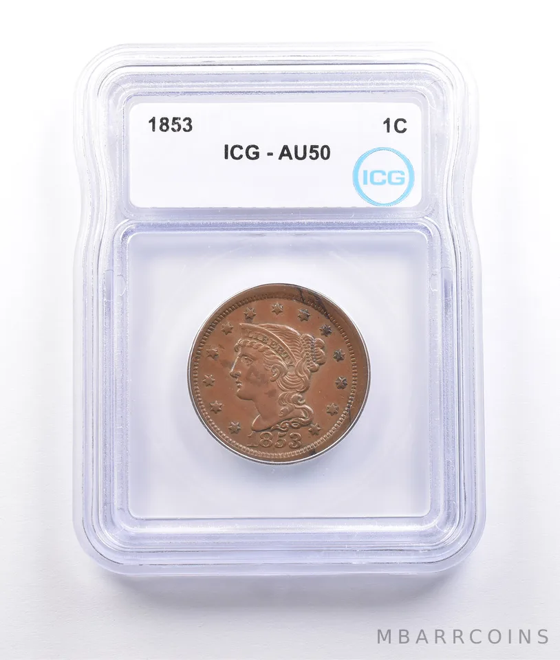 1853 Braided Hair Large Cent AU50 ICG *6964