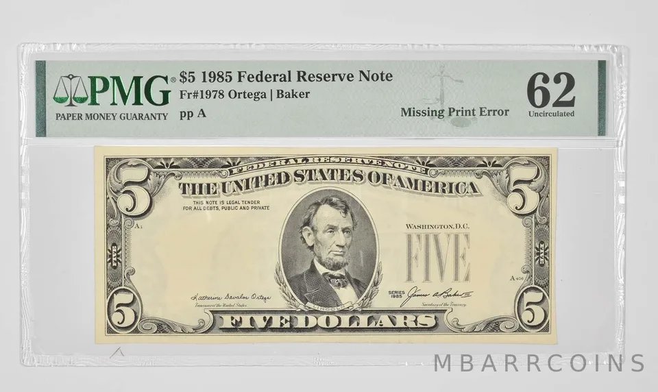 $5 1985 FRN - PMG - 62 UNC Fr# 1978 - Missing Print Error *0908