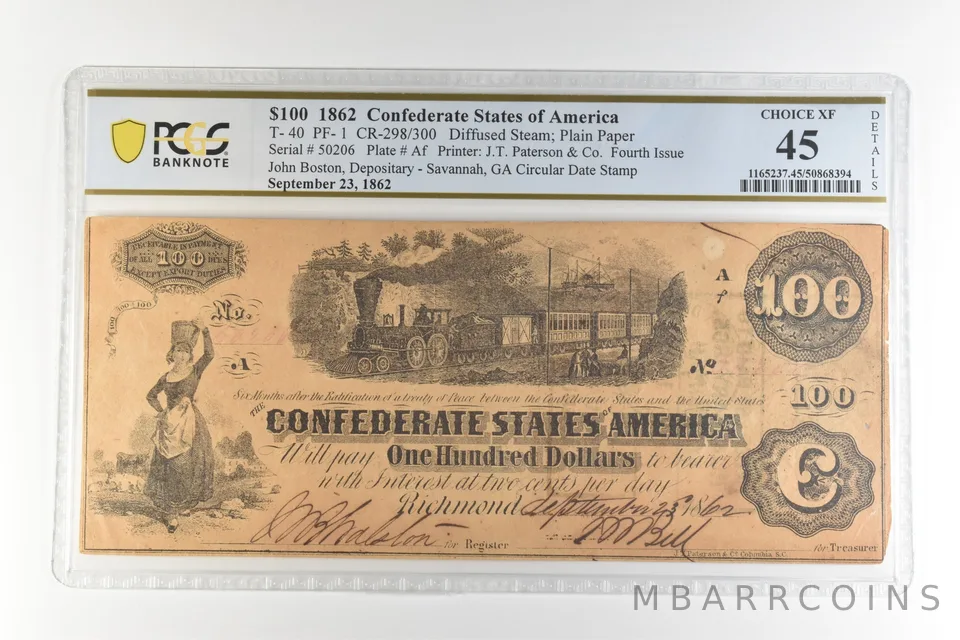 1862 $100 Confederate States T-40 PF-1 CR-298/300 Choice XF 45 PCGS *4449