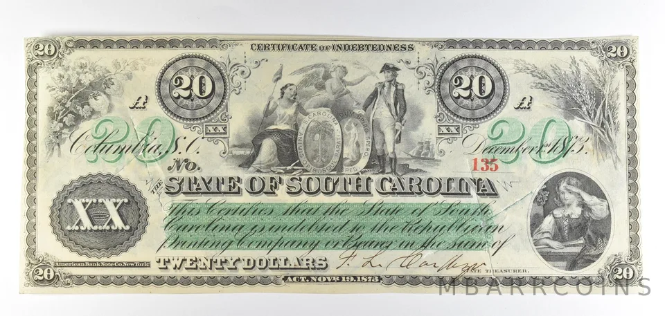 1873 $20 State Of South Carolina Obsolete Note *8771
