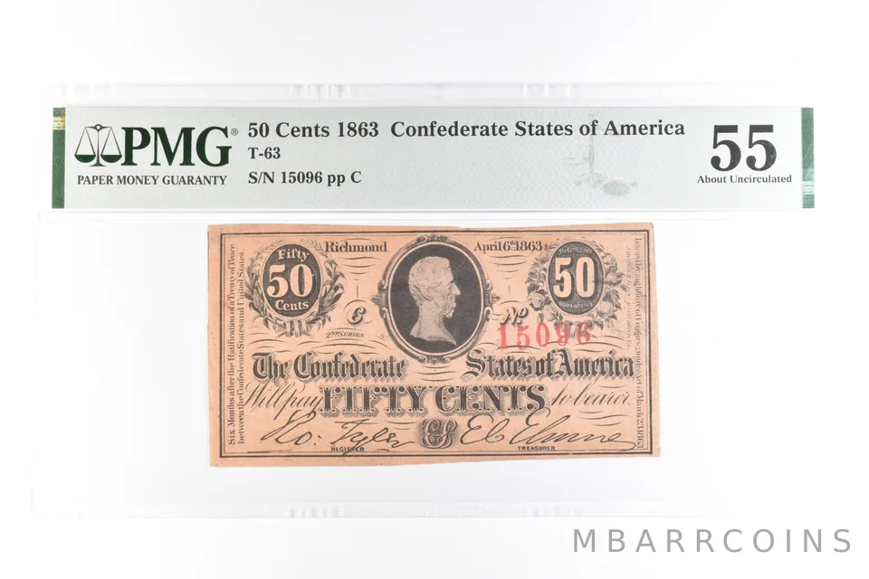 1863 50 Cents Confederate States Of America T-63 About Unc 55 PMG *7635