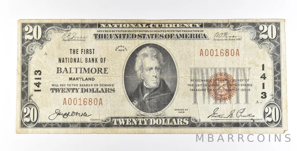 1929 $20 Baltimore MD National Currency Ch#1413 *5608