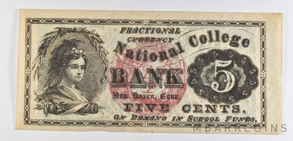 1860s 5 Cents New Haven CT National College Fractional Currency Obsolete *8613