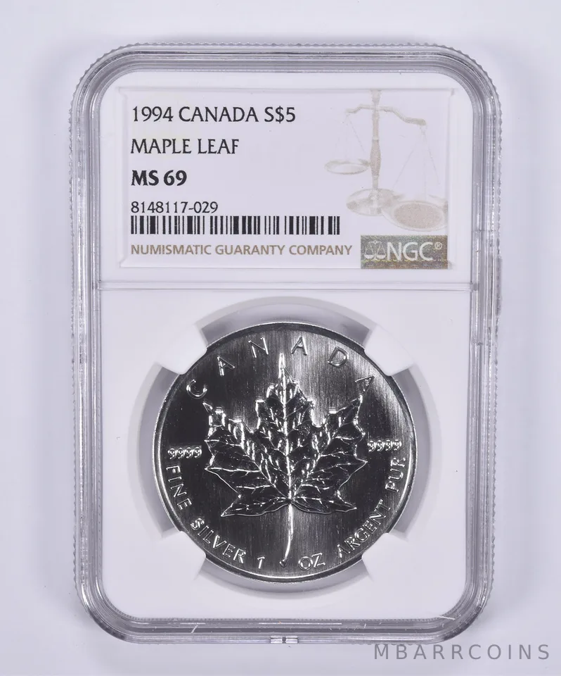 1994 Canada 5 Dollars Silver Maple Leaf MS69 NGC Brown Label