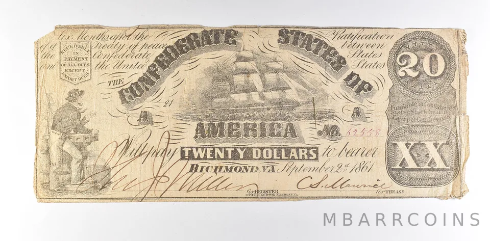 1861 $20 Confederate States Of America T-18 Large Note a8498