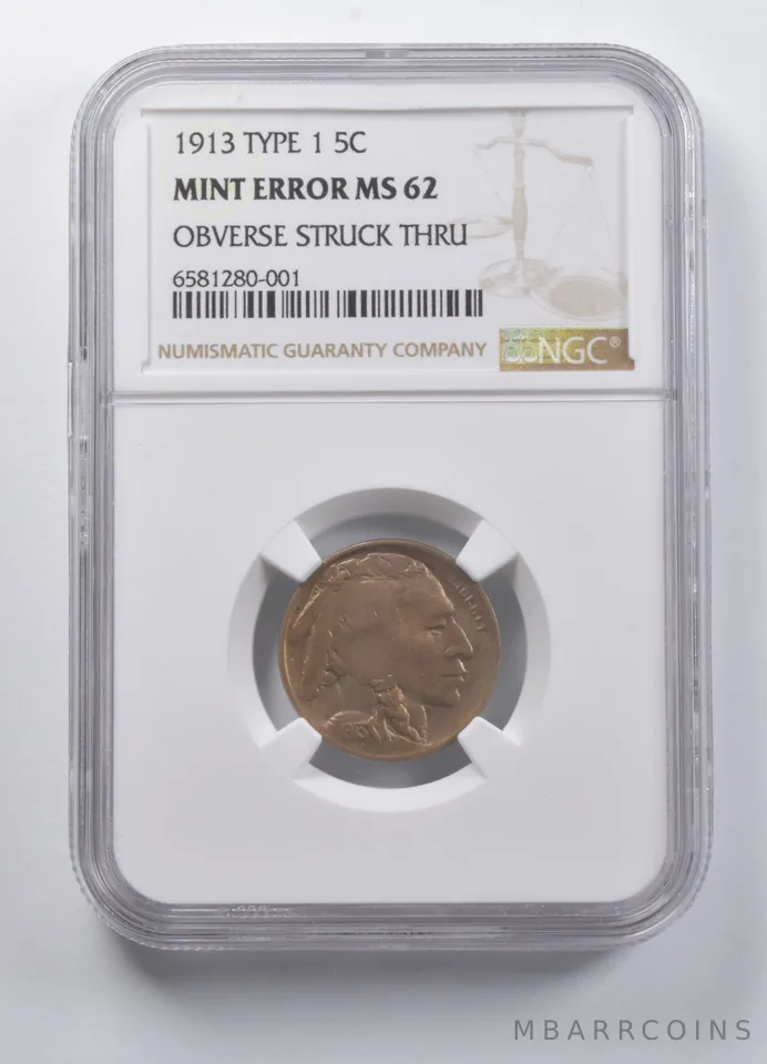 MINT ERROR MS62 1913 Indian Head Buffalo Nickel Type 1 OBV Struck Thru NGC *7194