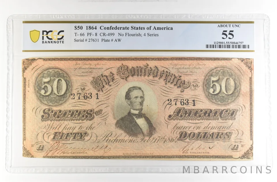 1864 $50 Confederate States America Large Note T-66 PF-8 CR-499 AU 55 PCGS *4204
