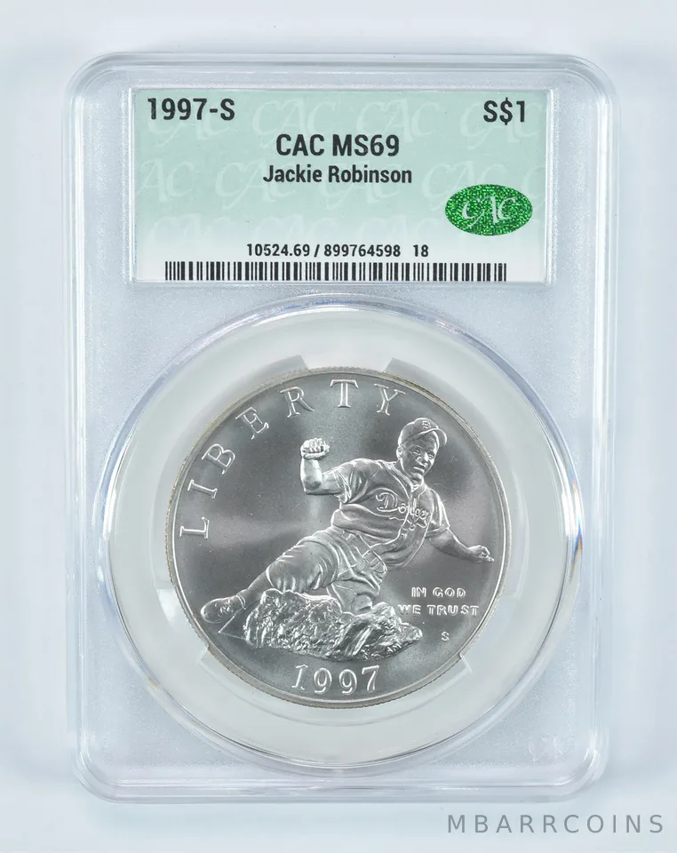 1997-S Jackie Robinson Commemorative Silver Dollar MS69 CAC CACg