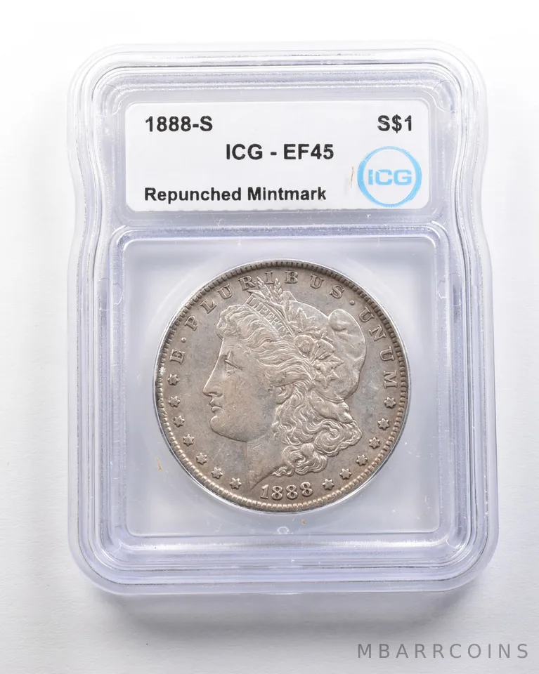 1888-S Morgan Silver Dollar Mint Error Repunched Mintmark EF45 ICG *1610