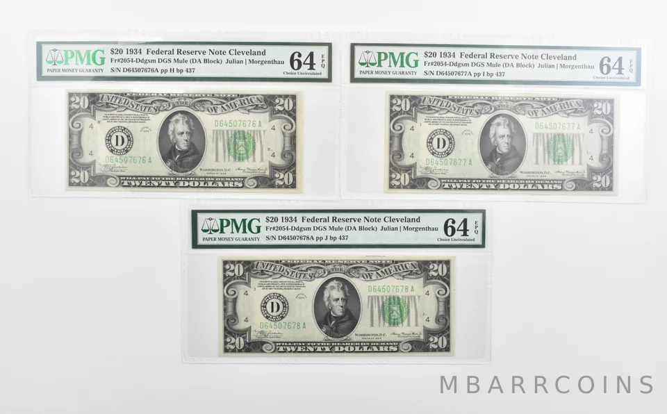 Lot (3) PMG 64 EPQ 1934 $20 FRN Consecutive Notes Fr#2054-Ddgsm *1152