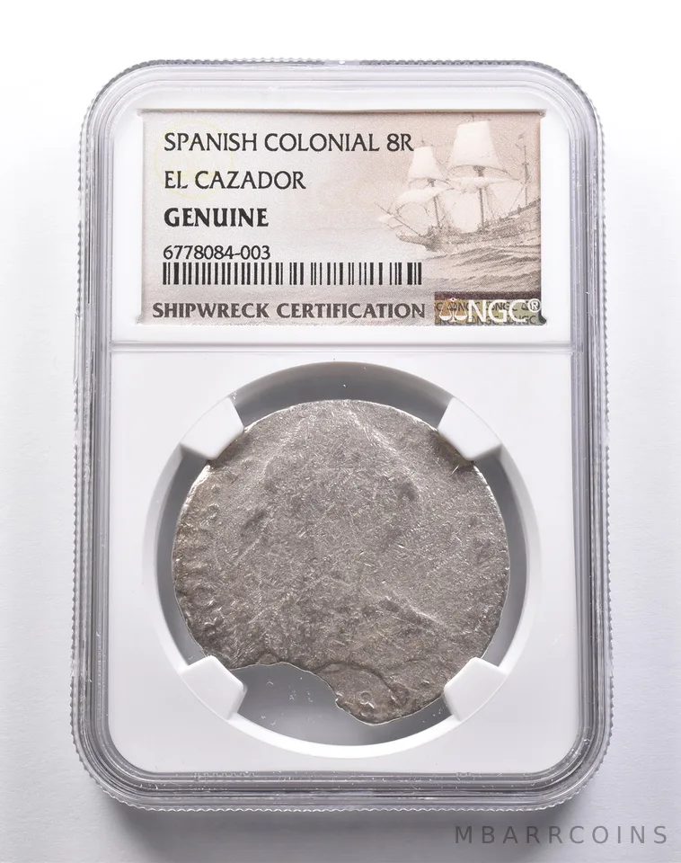 Genuine El Cazador Spanish Colonial 8 Reales NGC Shipwreck Certification *3705