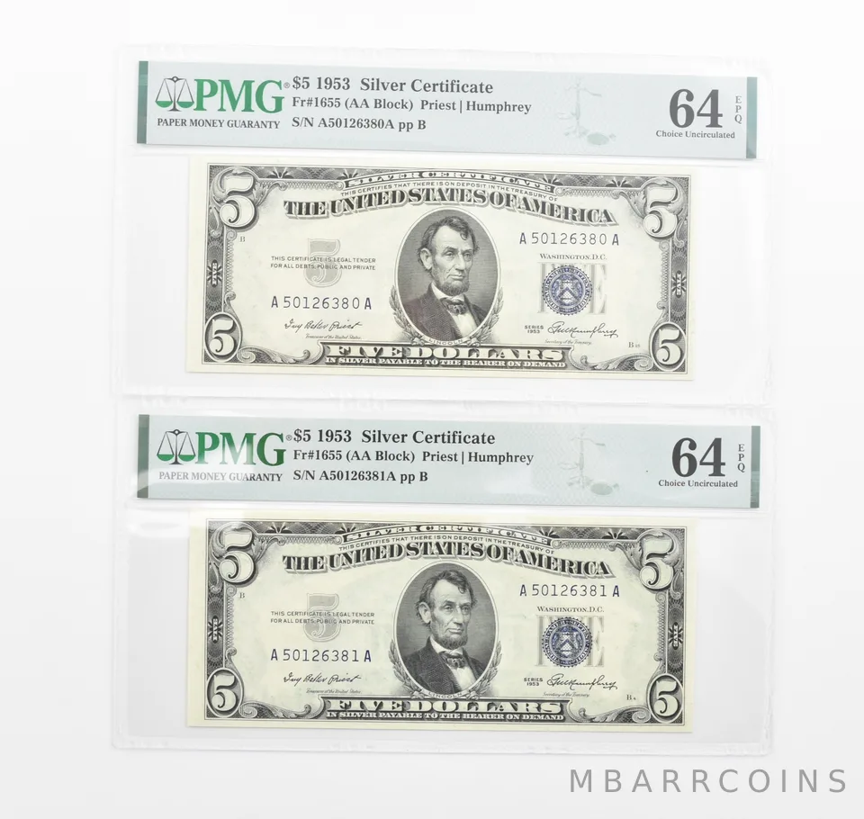 Lot (2) PMG 64 EPQ 1953 $5 Silver Certificate Consecutive Notes Fr#1655 *1158