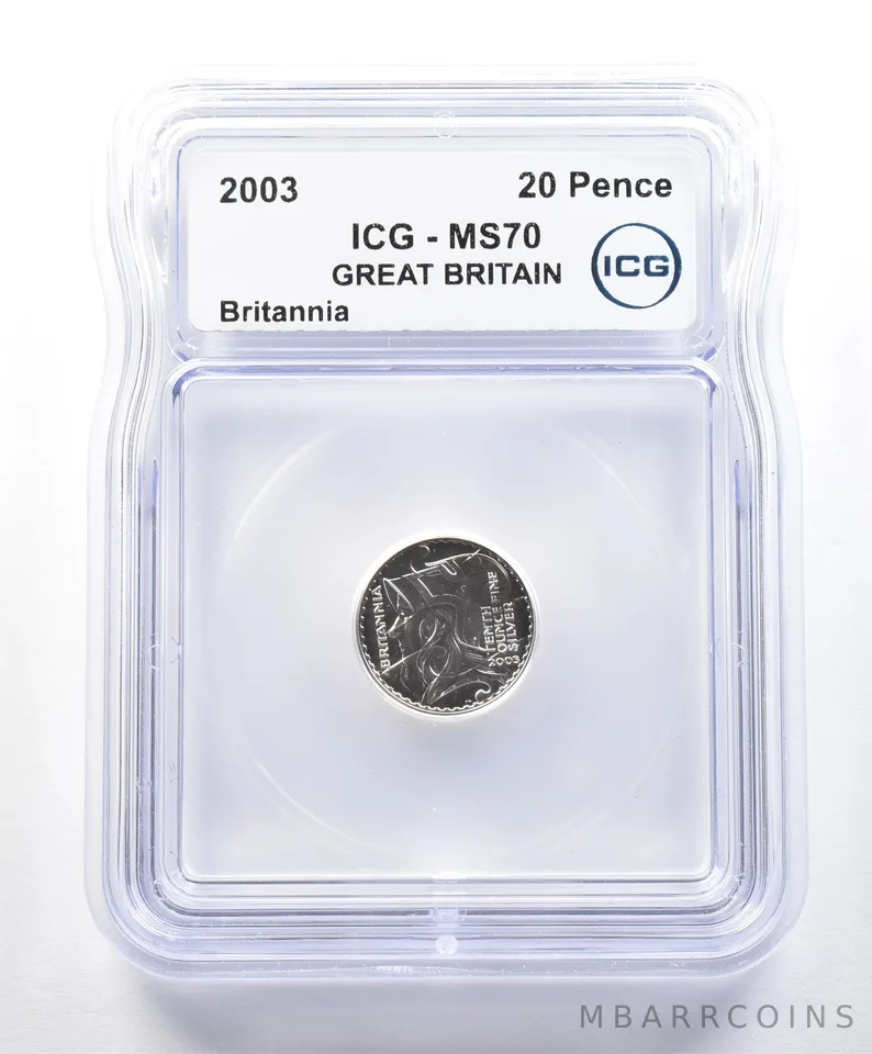2003 Great Britain 20 Pence Silver Britannia 1/10 Oz MS70 ICG *9000