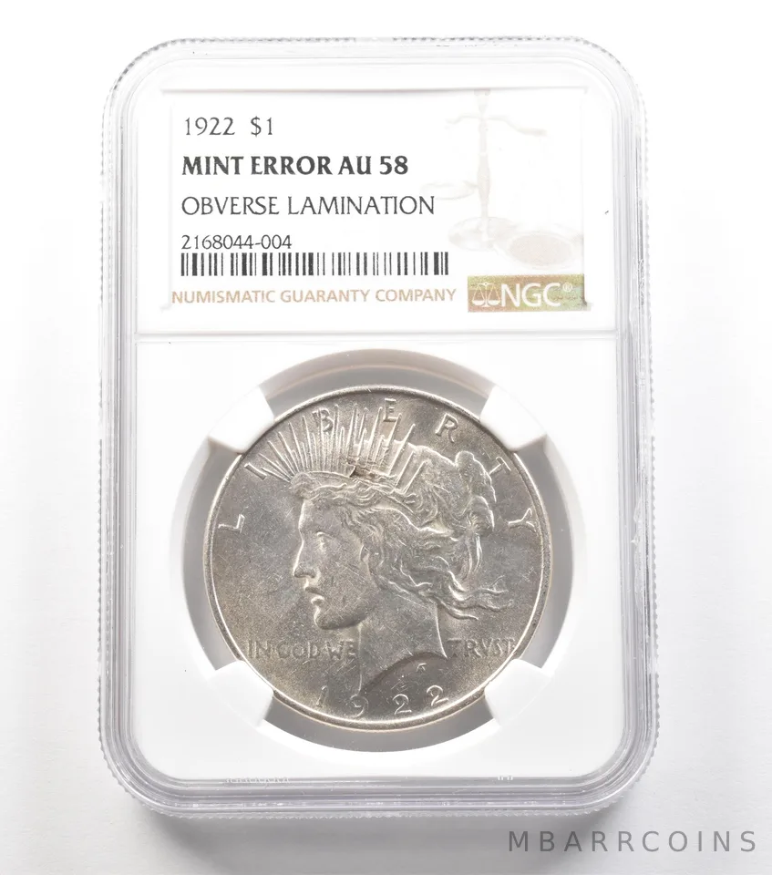 1922 Peace Silver Dollar Mint Error Obverse Lamination AU58 NGC *4571