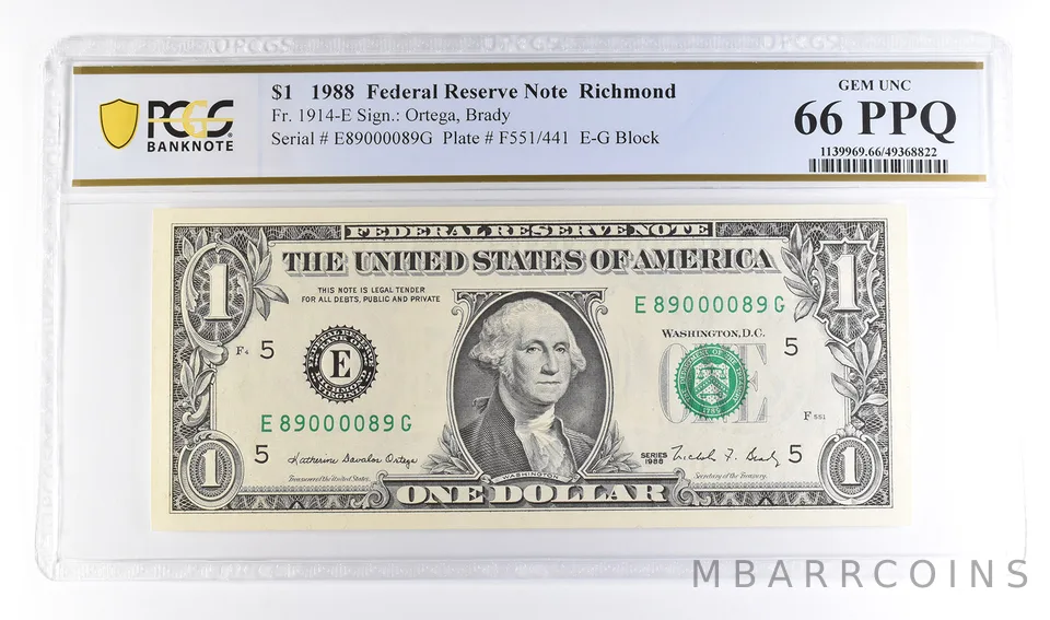 1988 $1 Richmond VA FRN Fr#1914-E Gem Unc 66 PPQ PCGS Fancy Serial a6132