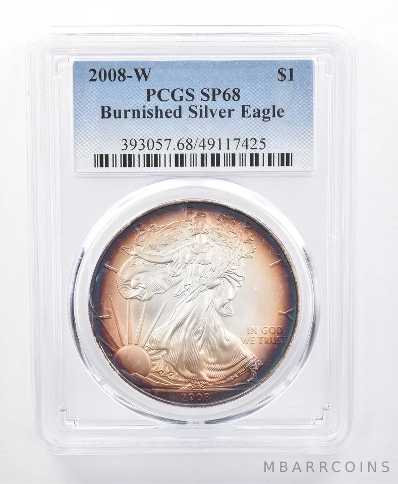 2008-W Burnished Silver Eagle SP68 PCGS Peripheral Tone *8692