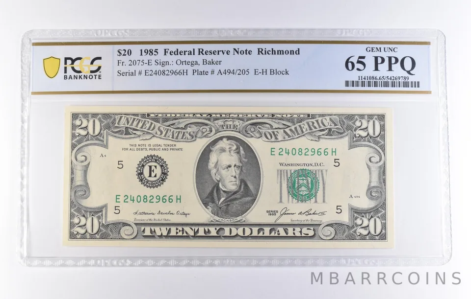 1985 $20 Richmond VA FRN Fr#2075-E Gem Unc 65 PPQ PCGS *8276